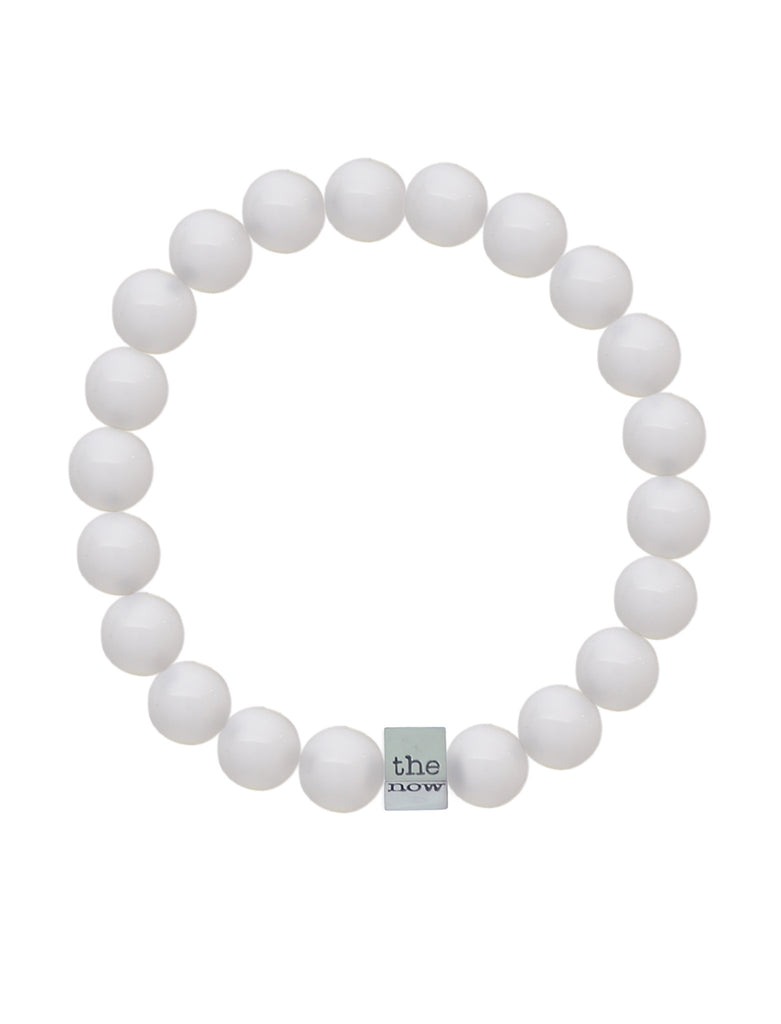 the now white light meta bracelet - 8mm white coral bead bracelet with 'the now' embossed 18K gold dipped, solid sterling silver cube charm