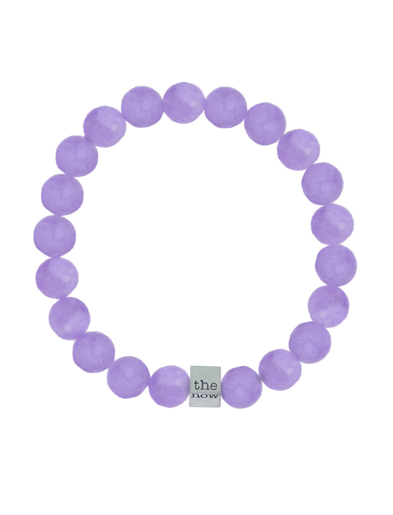 the now crown meta bracelet - 8mm faceted cape amethyst bead bracelet with 'the now' embossed, 18K gold-dipped, solid sterling silver cube charm