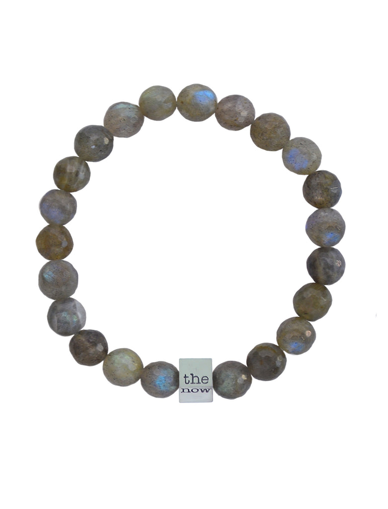 the now aurora meta bracelet - 8mm faceted labradorite bead bracelet with 'the now' embossed 18K gold dipped, solid sterling silver cube charm