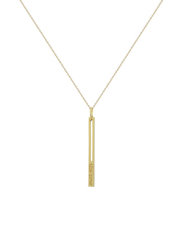the now studios - raise the bar pendant necklace. a prominent 14K gold bar embossed with the now logo serves as a playful reminder to always raise the bar.