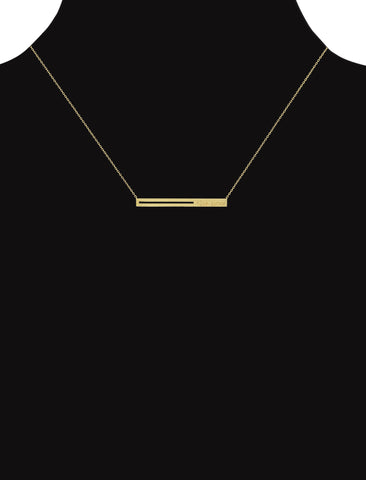 the now studios - raise the bar pendant necklace. a horizontal 14K gold bar embossed with the now logo serves as a playful reminder to always raise the bar.